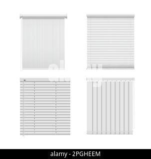 Roller window blinds and curtains. Roll jalousie, venetian and roman shades. Vector realistic window shutters with vertical and horizontal blinds made Stock Vector