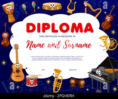 Kids diploma, cartoon musical instrument characters and music notes. Vector diploma or certificate of kindergarten music education with background fra Stock Vector