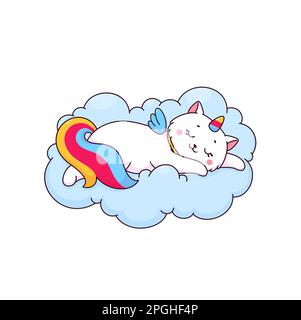 Cartoon cute caticorn character. Vector white unicorn cat sleeping on soft fluffy cloud. Kawaii magic kitten personage with colorful rainbow tail, hor Stock Vector