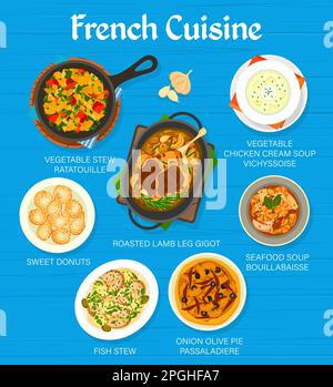 French cuisine meals menu template. Vegetable stew ratatouille, onion olive pie Passaladiere and fish stew, coffee, soup Bouillabaisse and lamb leg Gi Stock Vector