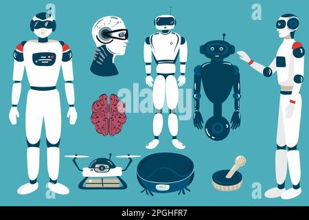 set of Alien robots, future technology cartoon characters. Robotic life forms, futuristic machines or cyborgs workers with artificial intelligence, ve Stock Vector