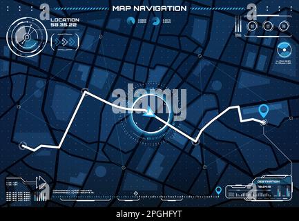 HUD city map navigation interface screen, route, dashboard. Vector streets and roads plan with destination route and pin, location and distance data, Stock Vector