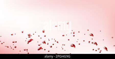 Flying red drops on pink background. Vector realistic illustration of splashing blood, wine, cherry juice or liquid watercolor ink. Blood donation concept Stock Vector