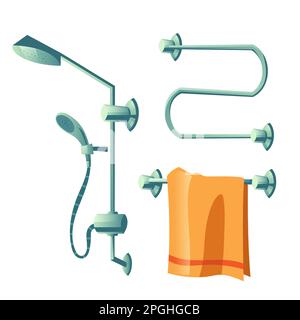 Bathroom accessories set, shower head on hose, towel hanging on heater rail and empty coil dryer in bath room isolated on white background, design elements cartoon vector illustration, icon, clip art Stock Vector