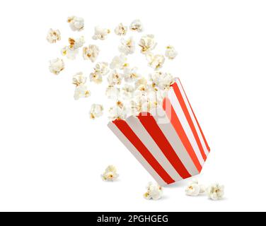 Popcorn box, striped pop corn bucket container, vector isolated realistic on white background. Popcorn splash from red white stripe box for cinema sna Stock Vector