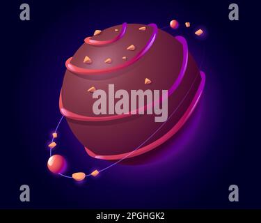 Chocolate planet in outer space. Vector cartoon funny art of sweet food planet, sphere with chocolate candy texture in cosmos. Illustration for gui of fantasy game about tasty galaxy world Stock Vector