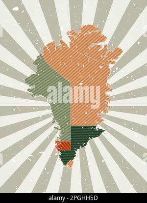 Greenland vintage map. Grunge poster with map of the country in retro color palette. Shape of Greenland with sunburst rays background. Stock Vector