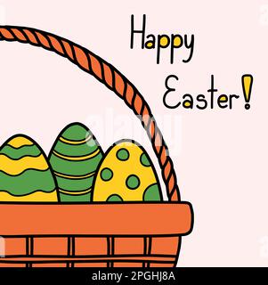Easter basket with colored decorated eggs vector doodle illustration isolated on white background. Stock Vector
