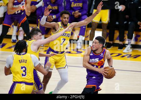 Los Angeles, United States. 22nd Mar, 2023. Phoenix Suns guard Devin Booker (R) in action during an NBA basketball game between Los Angeles Lakers and Phoenix Suns at Crypto.com Arena. Final score; Los Angeles Lakers 122: 111 Phoenix Suns. (Photo by Ringo Chiu/SOPA Images/Sipa USA) Credit: Sipa USA/Alamy Live News Stock Photo