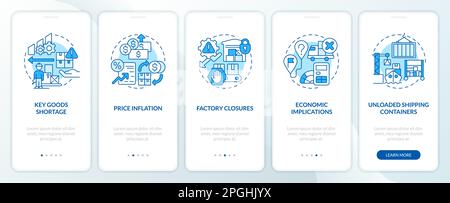 Supply chain disruption issues blue onboarding mobile app screen Stock Vector