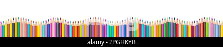 Wave of colorful wooden pencils isolated on white background, panoramic background, back to school concept. Stock Photo