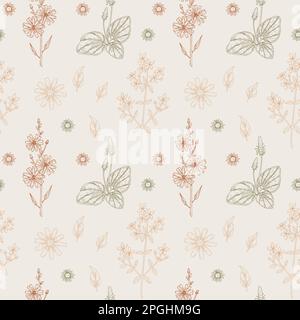 Meadow flowers seamless pattern. Hand drawn field wildflowers background. Vector illustration in sketch style. Aesthetic botany design Stock Vector