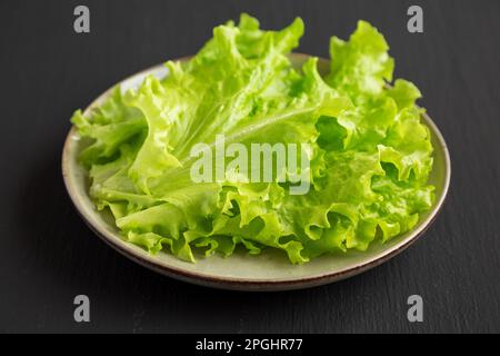 Raw Green Leaf Lettuce on a Plate, low angle view. Close-up. Stock Photo