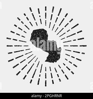 Vintage map of Paraguay. Grunge sunburst around the country. Black Paraguay shape with sun rays on white background. Vector illustration. Stock Vector