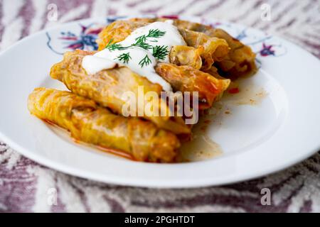Stuffed cabbage roll with yoghurt sauce and fresh dill, traditional turkish food Stock Photo