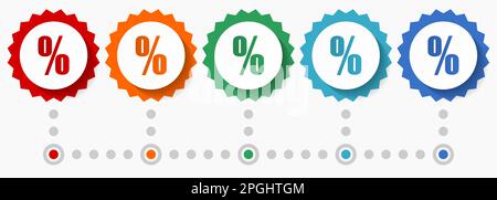 Percent, sale vector icon set, colorful infographic template, set of flat design badge icons in 5 color options Stock Vector