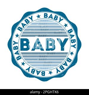 Baby badge. Grunge word round stamp with texture in Copacabana color theme. Vintage style geometric baby seal with gradient stripes. Stock Vector