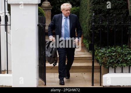 Former Prime Minister, Boris Johnson, leaves home to attend a committee hearing at Portcullis House to be questioned about parties at Number 10. Stock Photo