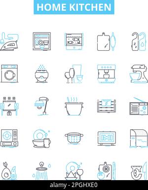 Home kitchen vector line icons set. Kitchen, Home, Cooking, Appliances, Countertop, Utensils, Oven illustration outline concept symbols and signs Stock Vector