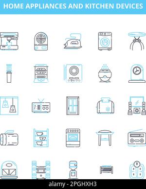 Home appliances and kitchen devices vector line icons set. Stove, Microwave, Kettle, Toaster, Dishwasher, Refrigerator, Blender illustration outline Stock Vector