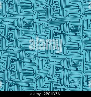 Green Seamless Printed Circuit Board Pattern, blue hand drawing. Stock Vector
