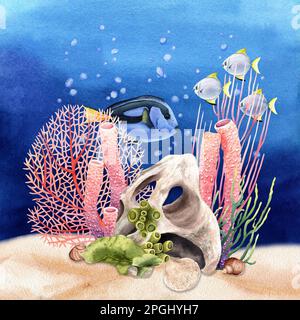 Underwater composition with corals, exotic fishes and shells. Watercolor illustration isolated on blue wash background Stock Photo