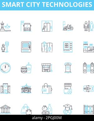 Smart city technologies vector line icons set. Smart, City, Technologies, IoT, Big, Data, AI illustration outline concept symbols and signs Stock Vector