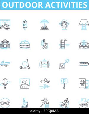Outdoor activities vector line icons set. Hiking, Camping, Kayaking, Climbing, Biking, Swimming, Snowshoeing illustration outline concept symbols and Stock Vector