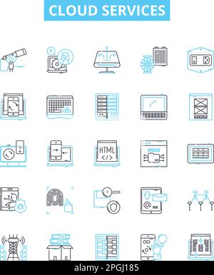 Cloud services vector line icons set. Cloud, Services, Computing, Hosting, Storage, Security, Virtualization illustration outline concept symbols and Stock Vector