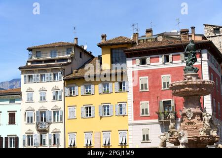 The Neptune fountain and Piazza del Duomo (Cathedral Square) that is the main square of Trento, located in the historical center of the town, appeared Stock Photo