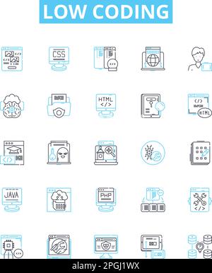 Low coding vector line icons set. No-code, Visual, Declarative, Automation, Platform, Application, Mobile illustration outline concept symbols and Stock Vector