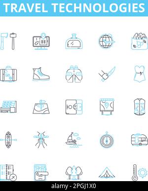 Travel technologies vector line icons set. Mobile, Apps, AI, Voice, Augmented, Reality, Tracking illustration outline concept symbols and signs Stock Vector
