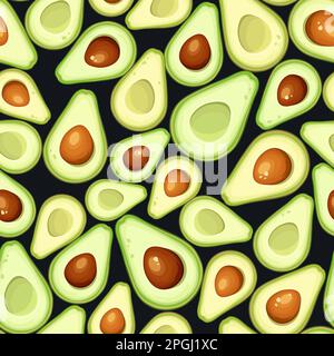 Seamless pattern with avocado fruit slices on a black background. Vector illustration Stock Vector