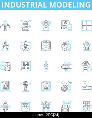 industrial modeling vector line icons set. Industrial, Modeling, Manufacturing, Process, Factory, Simulation, Analysis illustration outline concept Stock Vector