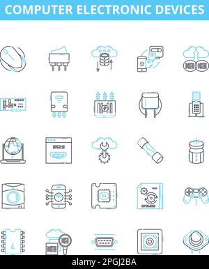 Computer electronic devices vector line icons set. Laptop, Desktop, Monitor, Printer, Keyboard, Mouse, Router illustration outline concept symbols and Stock Vector