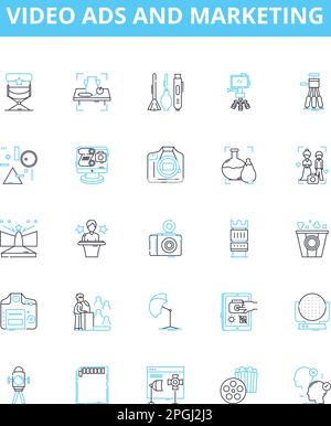 Video ads and marketing vector line icons set. Video, Ads, Marketing, Advertising, Promotions, Campaigns, YouTube illustration outline concept symbols Stock Vector
