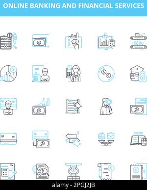 Online banking and financial services vector line icons set. Banking, Online, Financial, Services, Transaction, Payment, Deposit illustration outline Stock Vector