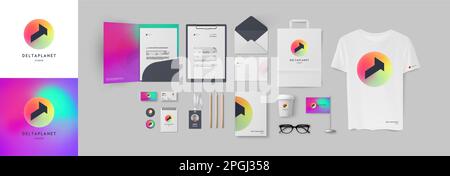 Rainbow color branding set of folder, envelope, card, bag and A4 form. Circle colorful logo with dark contrast sign for corporate identity modern Stock Vector