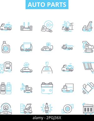 Auto parts vector line icons set. Car, Auto, Parts, Tires, Battery, Radiator, Oil illustration outline concept symbols and signs Stock Vector