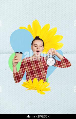 Vertical creative minimal design photo collage of young sleepy young woman yawning hold morning coffee alarm clock isolated on blue background Stock Photo