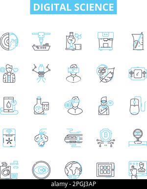 Digital science vector line icons set. Digital, Science, Technology, Data, Network, Modeling, Algorithms illustration outline concept symbols and Stock Vector