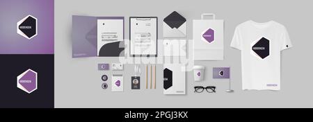 Full pack of corporate branding with geometrical minimal logo and stationery set of folder, personal card, envelope, notepad. Modern dark color style Stock Vector