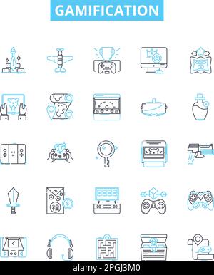 Gamification vector line icons set. Gamification, play, game, engagement, motivation, reward, level illustration outline concept symbols and signs Stock Vector