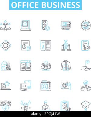 Office business vector line icons set. Office, Business, Workplace, Desk, Stationery, Documents, Printer illustration outline concept symbols and Stock Vector