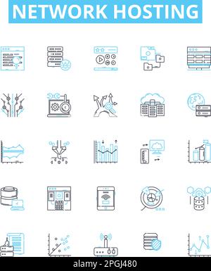 Network hosting vector line icons set. Webhosting, Cloudhosting, Networking, Colocation, Shared, Dedicated, Domains illustration outline concept Stock Vector