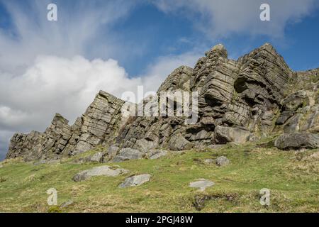 Windgather Rocks. A gritstone crag popular with climbers in the Derbyshire, Cheshire Peak District National Park, UK. Stock Photo