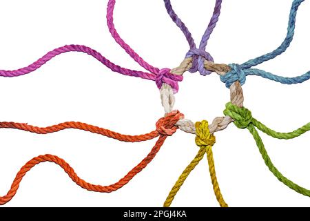 Rustic ropes in rainbow colors from different directions join together in a knotted ring, symbol of diversity, solidarity and cohesion, isolated on a Stock Photo