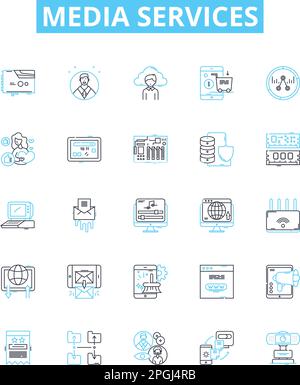 Media services vector line icons set. Broadcasting, Streaming, Advertising, Publishing, Distribution, Video, Editing illustration outline concept Stock Vector