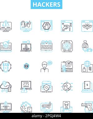 Hackers vector line icons set. hacking, cracker, malware, virus, exploit, phishing, cryptovirus illustration outline concept symbols and signs Stock Vector