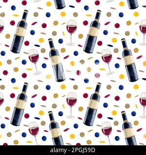 Red wine bottle and glass with bright colorful confetti watercolor seamless pattern on white background for party designs Stock Photo